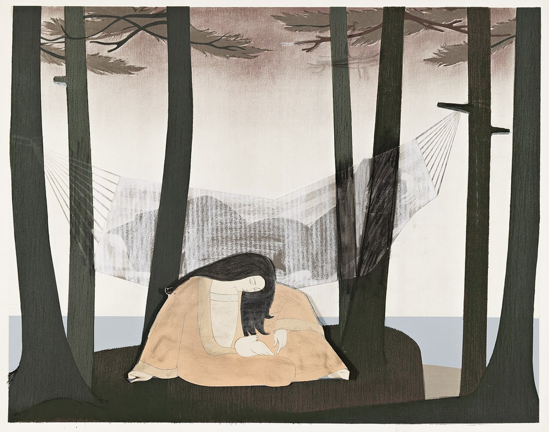 WILL BARNET Summer Idyll with Paean.: WILL BARNET Summer Idyll with Paean. Collage and color pastels over screenprint on cream wove paper, 1976-78. 970x1138 mm; 38¼x44¾ inches. Provenance: Estate of the artist. A composite image
