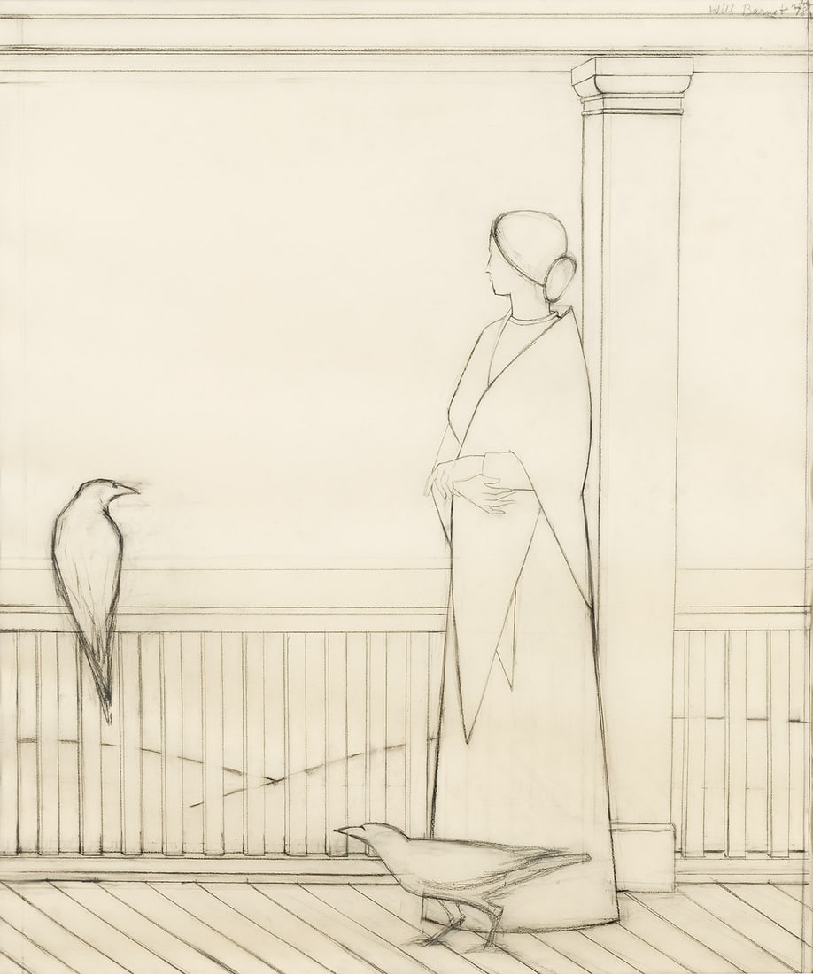 WILL BARNET Woman on a Porch.: WILL BARNET Woman on a Porch. Charcoal and pencil on vellum, 1978. 1065x800 mm; 41â…žx31â… inches. Signed and dated in pencil, upper right recto and inscribed "Final sketch of 1st state . . . "