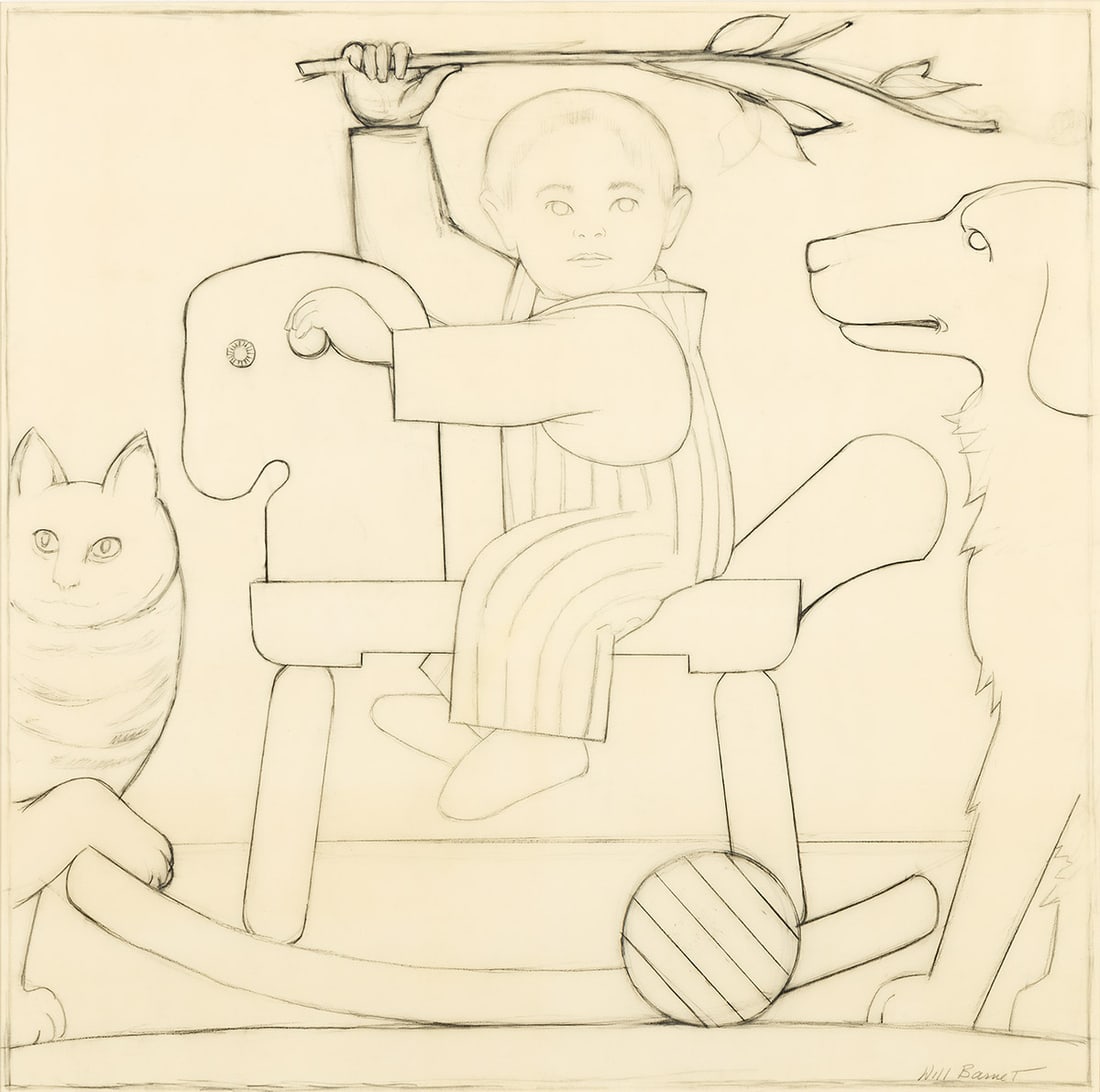 WILL BARNET Study for "The Hobby Horse.": WILL BARNET Study for "The Hobby Horse." Charcoal on vellum, 1983. 990x965 mm; 39x38 inches. Signed in charcoal, lower right recto. Provenance: Babcock Galleries, New York, with the label; estate of t