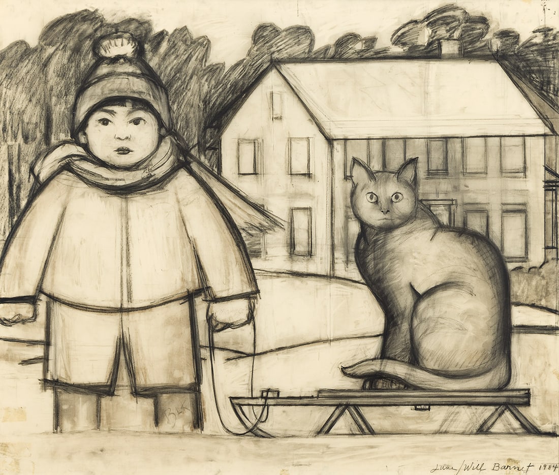 WILL BARNET Study for "The Sled.": WILL BARNET Study for "The Sled." Charcoal on vellum, 1984. 815x955 mm; 32x37¾ inches. Signed and dated in charcoal, lower right recto. Provenance: Kennedy Galleries, New York, with the label; Ba
