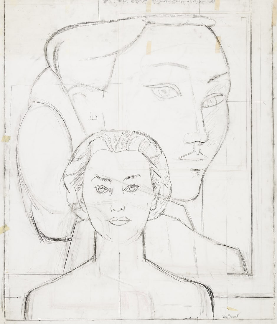 WILL BARNET Study for "Now & Then.": WILL BARNET Study for "Now & Then." Charcoal on vellum, 1987-89. 1460x1200 mm; 57¼x47â…› inches. Signed in charcoal, lower right recto, and dated "1987" and inscribed "Giant Elena..." in cha