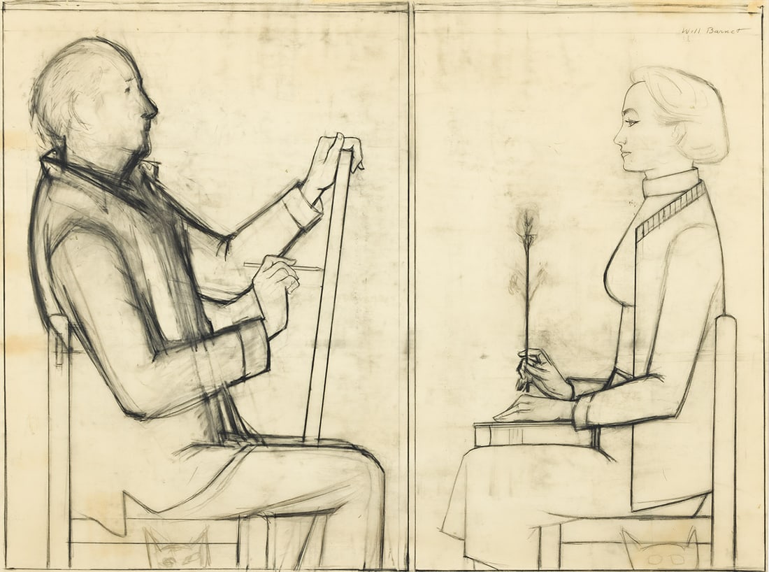 WILL BARNET Double Portrait.: WILL BARNET Double Portrait. Charcoal on vellum, circa 1990. 885x1197 mm; 34â…žx47â…› inches. Signed in charcoal, upper right recto. Provenance: Alexandre Gallery, New York, with the label; e