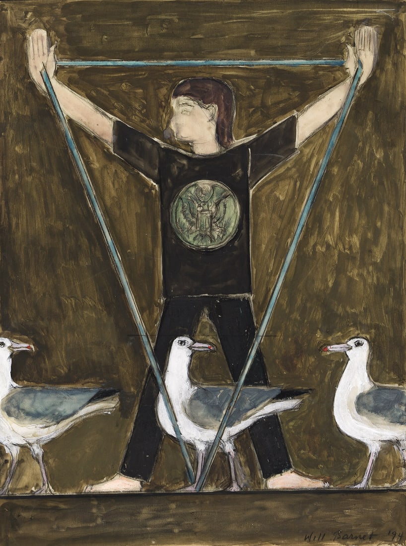 WILL BARNET Study for "The Gulls (Child and Gulls).": WILL BARNET Study for "The Gulls (Child and Gulls)." Watercolor and pencil on vellum, 1994. 420x345 mm; 16½x13â… inches. Signed and dated in pencil, lower right recto. Provenance: Harmon Meeks