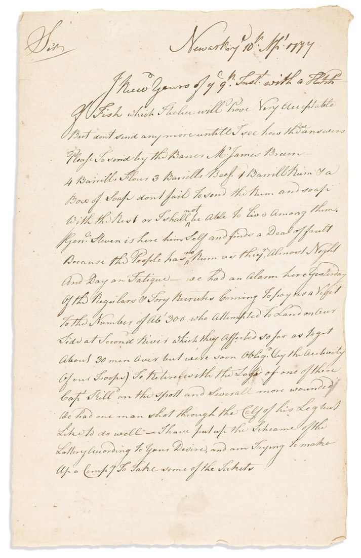 (AMERICAN REVOLUTION--1777.) Aaron Ogden. A young future governor describes a New Jersey skirmish (1 of 1)