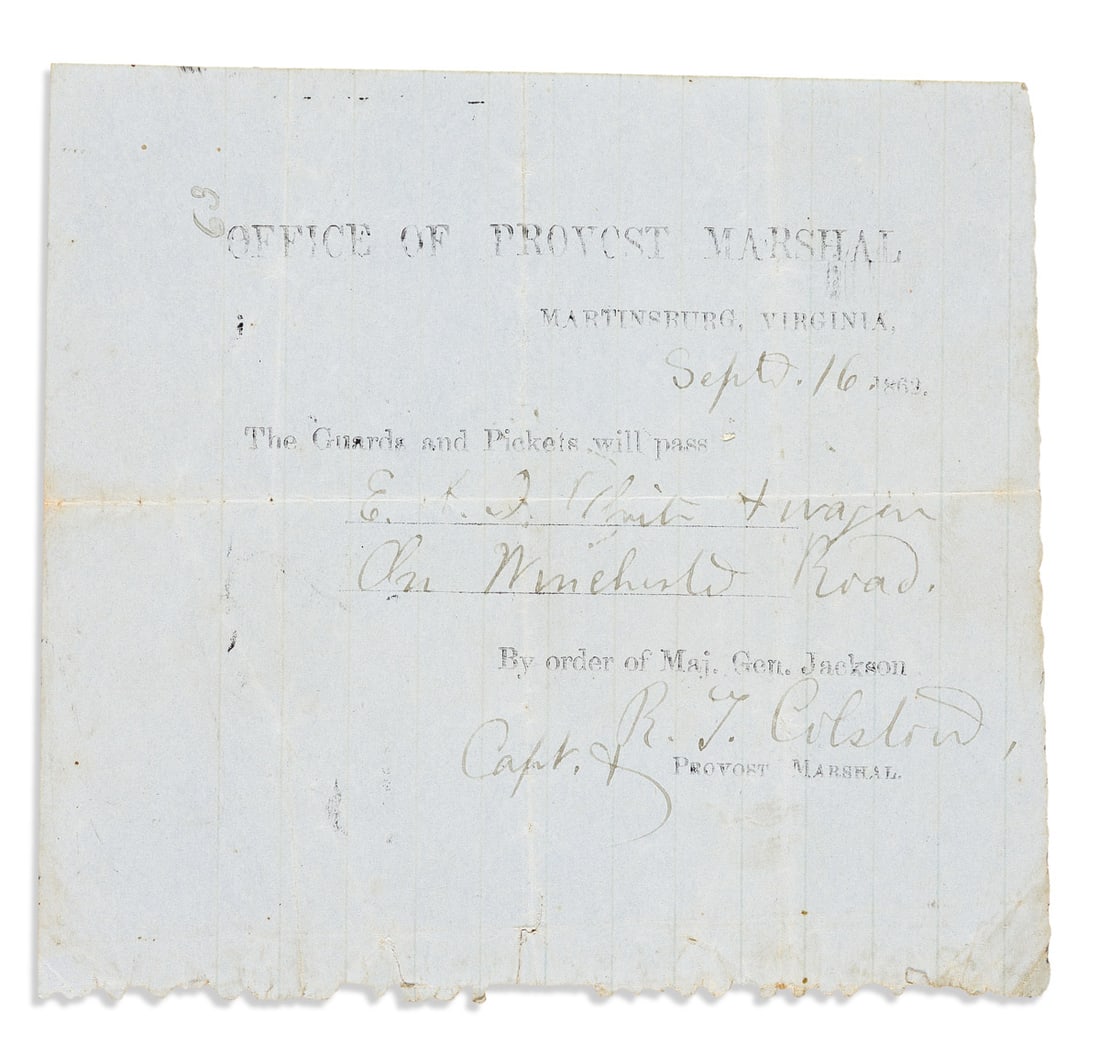 (CIVIL WAR--CONFEDERATE.) Pass issued to a wagoneer by order of Stonewall Jackson on the eve of (1 of 1)
