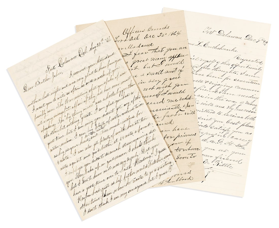 (CIVIL WAR--PRISON.) Group of Fort Delaware letters--two from Confederate prisoners and one from a (1 of 1)
