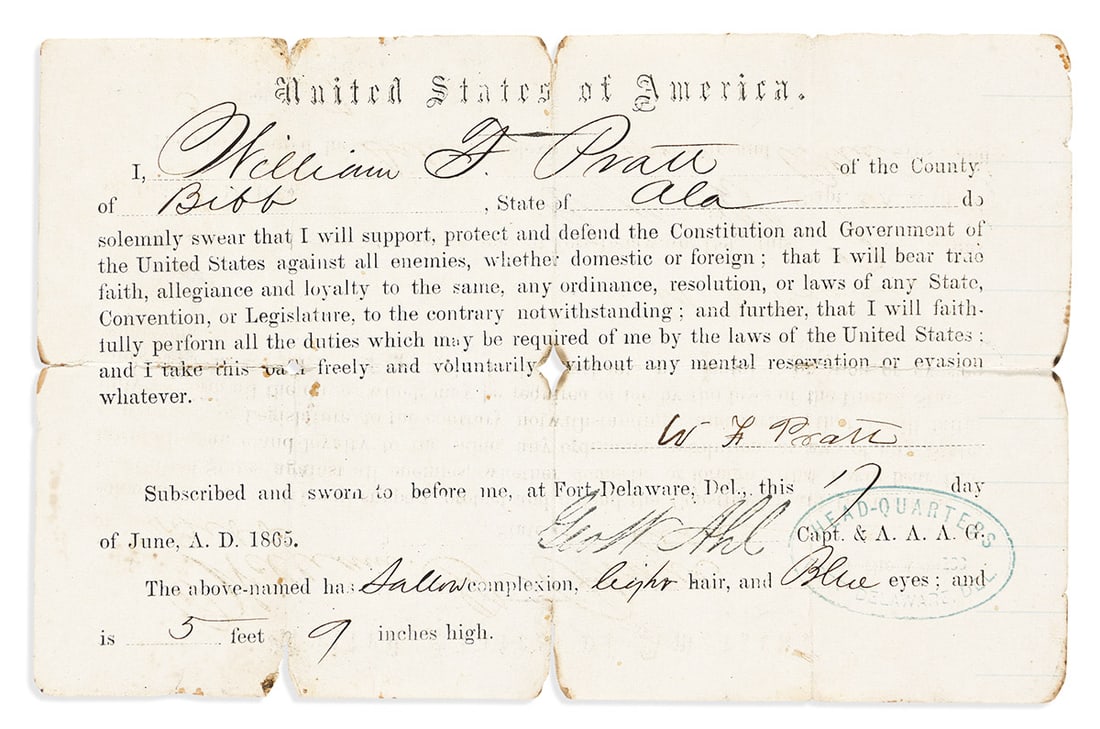 (CIVIL WAR--PRISON.) Amnesty oath of loyalty signed by an Alabama prisoner at Fort Delaware shortly (1 of 1)