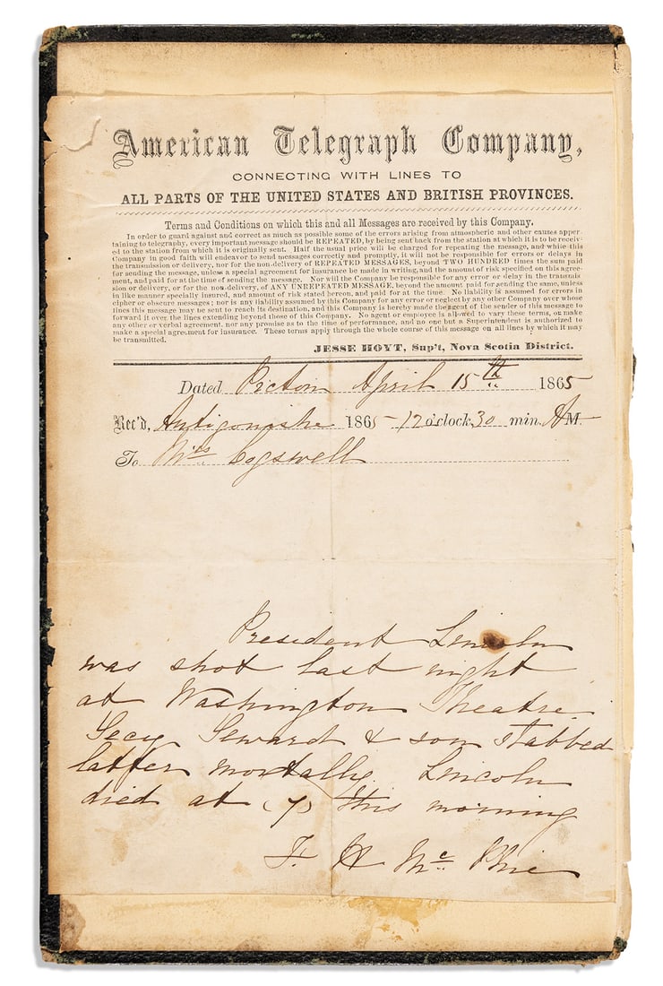 (ABRAHAM LINCOLN.) Telegram announcing the Lincoln assassination on the remote northern coast of (1 of 1)