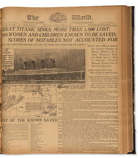 (MARITIME.) Volume of the New York World covering the Titanic disaster.: (MARITIME.) Volume of the New York World covering the Titanic disaster. Folio, 21 x 18 inches, contemporary ½ buckram; first issue and final leaf defective, otherwise brittle with minor edge wear