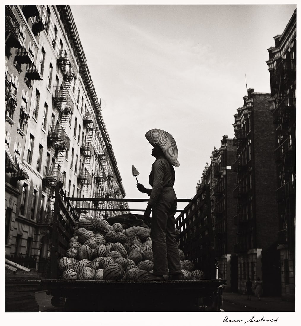 AARON SISKIND (1903-1991) Watermelon Man, Harlem.: AARON SISKIND (1903-1991) Watermelon Man, Harlem. Silver print, the image measuring 8½x8 inches (21.6x20.3 cm.), the sheet 14x11 inches (35.6x27.9 cm.), with Siskind's signature in ink on recto,
