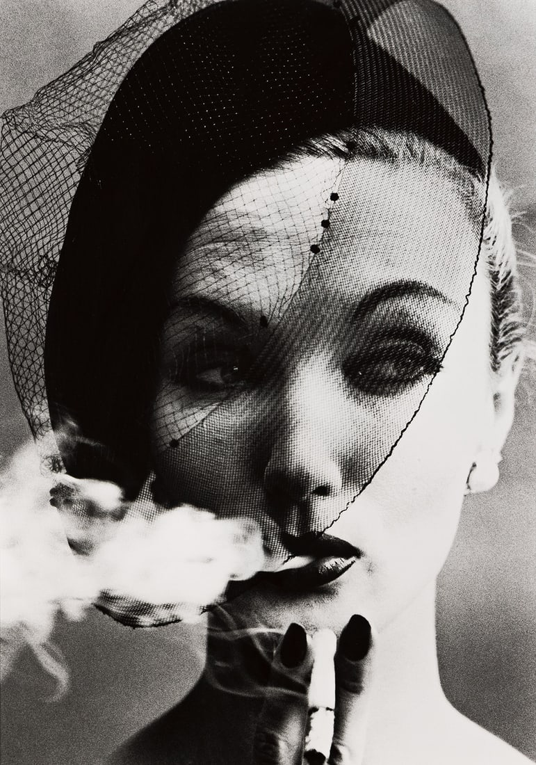 WILLIAM KLEIN (1928-2022) Smoke + Veil, Paris (Vogue).: WILLIAM KLEIN (1928-2022) Smoke + Veil, Paris (Vogue). Silver print, the image measuring 41x29½ inches (16.3x11.6 cm.), flush mounted, with Klein's signature, title, and negative date in ink and