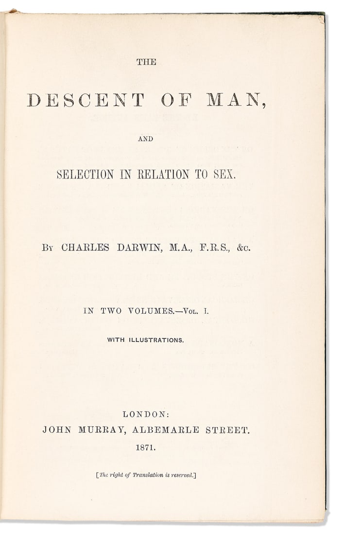 Darwin, Charles (1809-1882) The Descent of Man, and Selection in Relation to Sex.: Darwin, Charles (1809-1882) The Descent of Man, and Selection in Relation to Sex. London: John Murray, 1871.First edition, first issue, two octavo volumes, with "transmitted" the first word on page 29