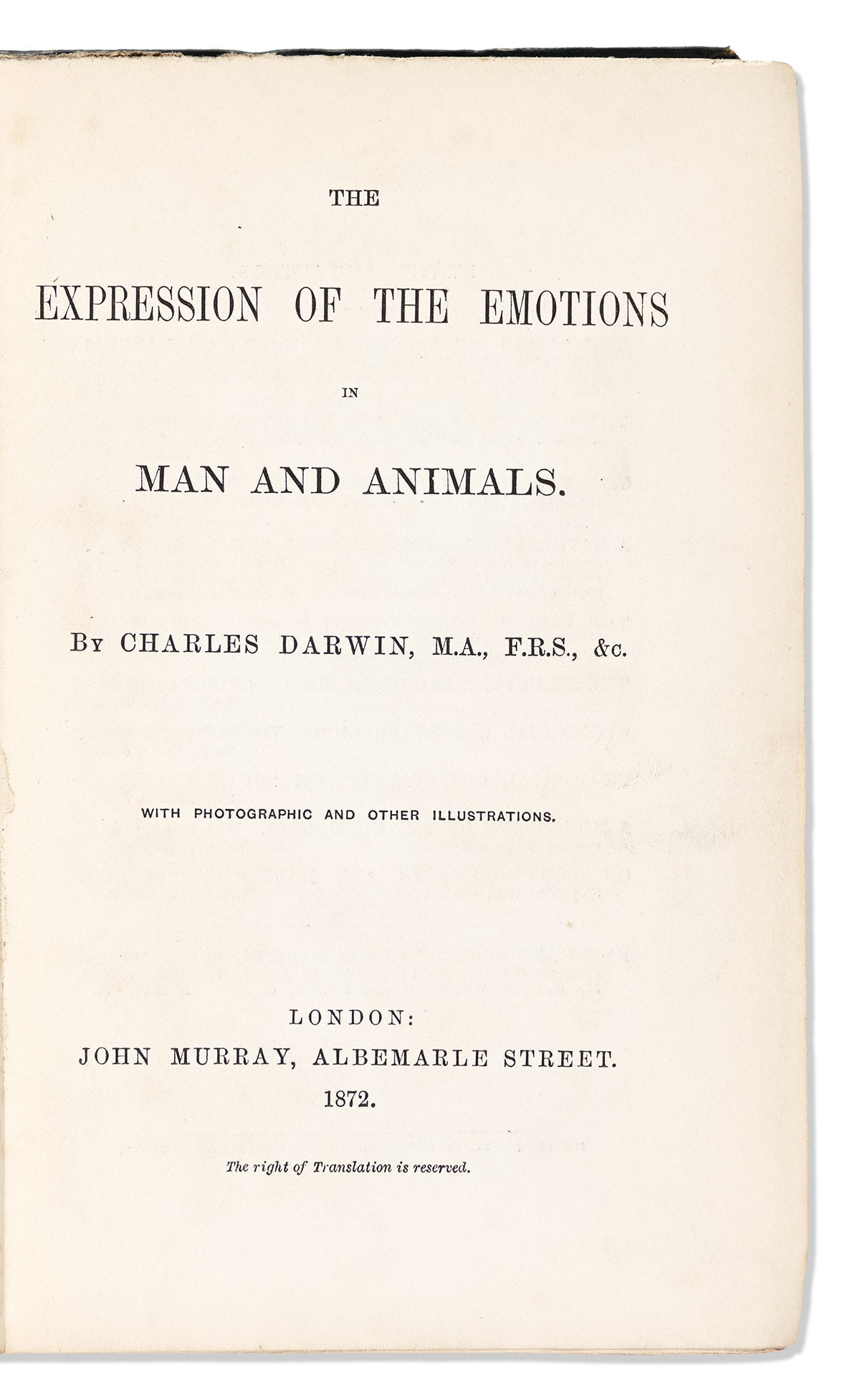 Darwin, Charles (1809-1882) The Expression of the Emotions in Man and Animals.: Darwin, Charles (1809-1882) The Expression of the Emotions in Man and Animals. London: John Murray, 1872.First edition, first issue, illustrated with seven heliotype plates, of which three are folding