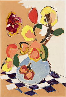 BENNY ANDREWS (1930 - 2006) Vase of Flowers.: BENNY ANDREWS (1930 - 2006) Vase of Flowers. Oil and paper collage on thin paper, mounted to a thin cream board, 1965. 375x254 mm; 14x10 inches. Signed and dated in ink, lower right recto. Signed, tit