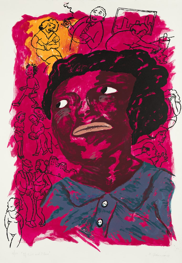 ROBERT COLESCOTT (1925 - 2009) Of Time and Place.: ROBERT COLESCOTT (1925 - 2009) Of Time and Place. Color lithograph on German etching paper, 1989. 1016x686 mm; 40x27 inches, full margins. Signed, titled, dated and numbered 3/20 in pencil, lower marg