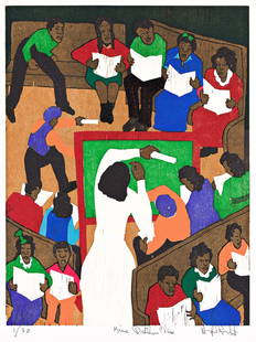 WINFRED REMBERT (1945 - 2021) Ms. Prather's Class.: WINFRED REMBERT (1945 - 2021) Ms. Prather's Class. Color reduction woodcut with screenprint, 2014. 400x305 mm; 15x12 inches, full margins. Signed, titled, dated and numbered 1/30 in pencil, lower marg