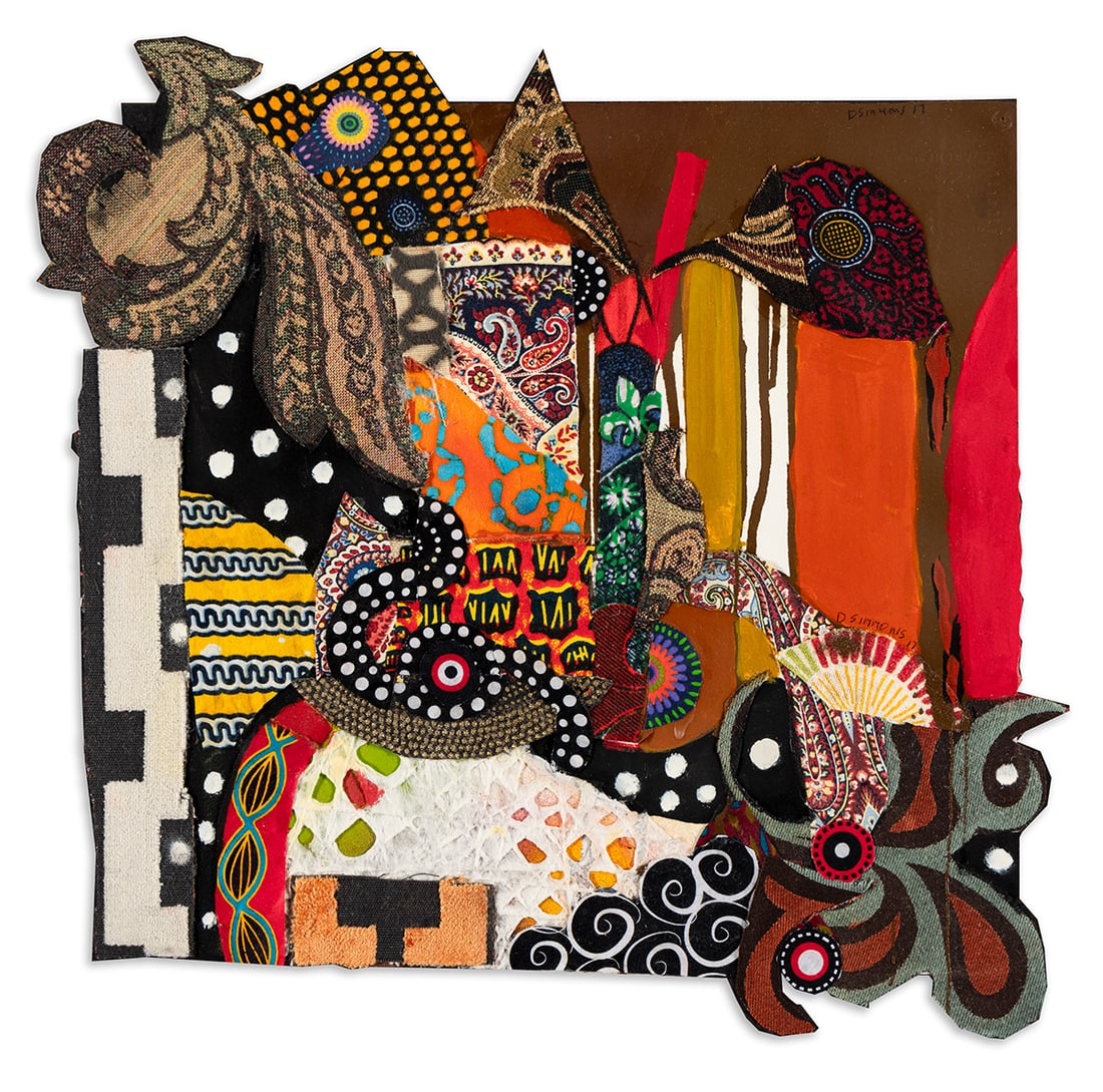 DANNY SIMMONS (1953 - ) Untitled.: DANNY SIMMONS (1953 - ) Untitled. Acrylic and collage of various printed fabrics on Arches paper, 2017. 419x432 mm; 16x17 inches. Signed and dated in ink, upper right and lower right.Provenance: acqui