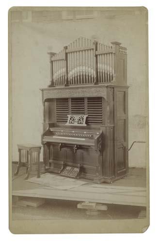 (MUSIC) Binder containing 81 cabinet and prome: (MUSIC) Binder containing 81 cabinet and promenade cards of ornately crafted pipe organs manufactured in Brattleboro, Vermont. Albumen prints, 5x4 1/2 to 7 1/2x5 inches (12.8x11.5 to 19x12.7 cm.), on