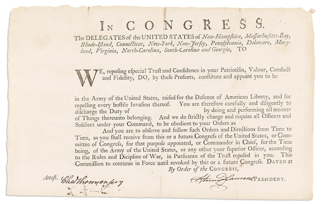 (AMERICAN REVOLUTION.) LAURENS, HENRY; AND CHARLES THOMSON. Partly-printed Document Signed, by: (AMERICAN REVOLUTION.) LAURENS, HENRY; AND CHARLES THOMSON. Partly-printed Document Signed, by Laurens as President of the Continental Congress, unaccomplished military commission. Countersigned by Se