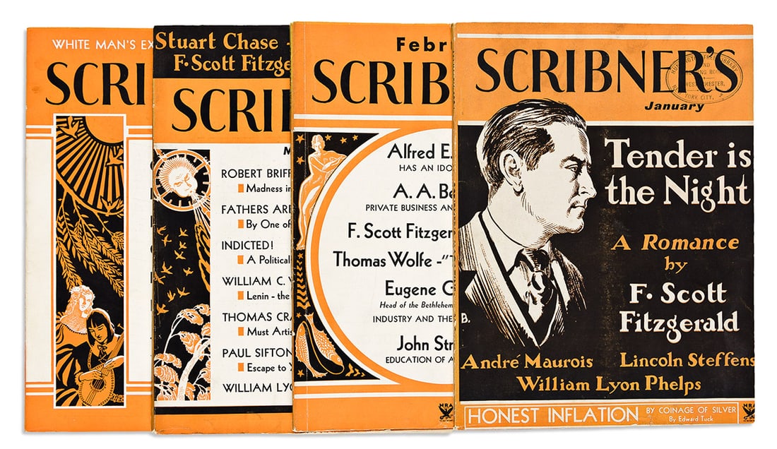 FITZGERALD, F. SCOTT. Tender is the Night.: FITZGERALD, F. SCOTT. Tender is the Night. 4 volumes (Vol. XCV, Nos. 1-4). January-April, 1934. 4to, each issue in original orange, black, and white pictorial publishers wrappers, minor smudging to co