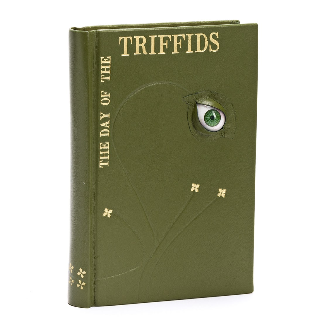 WYNDHAM, JOHN. The Day of the Triffids.: WYNDHAM, JOHN. The Day of the Triffids. 8vo, bound in modern full green leather by Exeter Bookbinders, with Triffid design in gilt and blind, and genuine onlayed prosthetic or "fake" eye on the front 