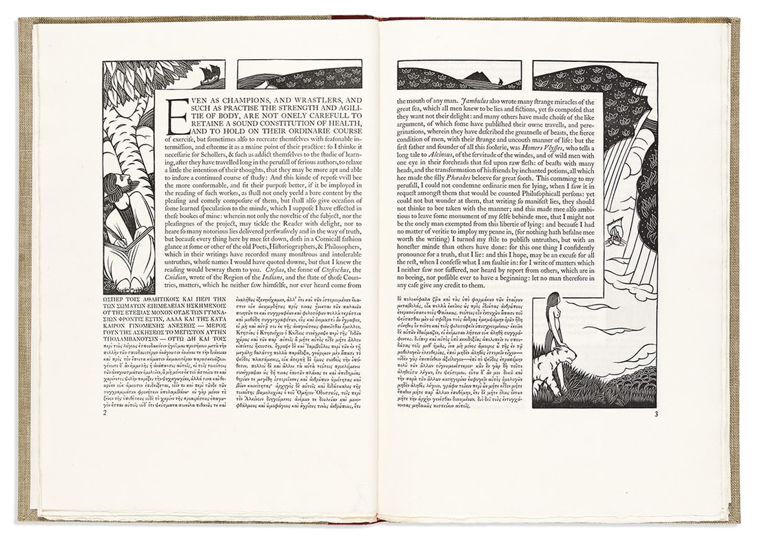(GOLDEN COCKEREL PRESS.) Hickes, Francis; translator. The True Historie of Lucian The Samosatenian.: (GOLDEN COCKEREL PRESS.) Hickes, Francis; translator. The True Historie of Lucian The Samosatenian. English and Greek text. Wood engravings by Robert Gibbings. Tall 4to, bound in ¼ gilt-lettered