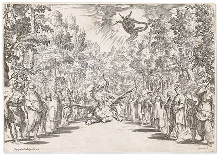 AGOSTINO CARRACCI The Harmony of the Spheres * Apollo and the Python.: AGOSTINO CARRACCI The Harmony of the Spheres * Apollo and the Python. Two etchings with engraving, 1589-92. Both approximately 242x345 mm; 9x13 inches, narrow to thread margins. The Harmony of the Sph