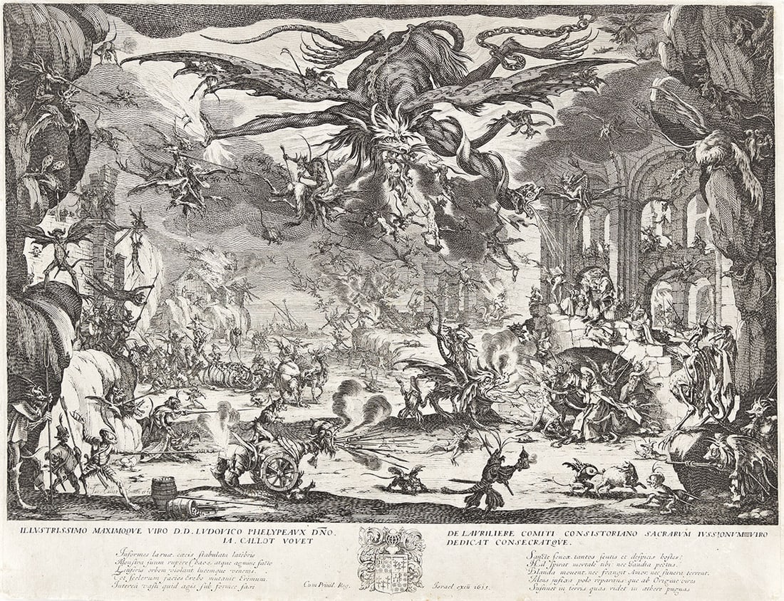 JACQUES CALLOT La Tentation de Saint-Antoine.: JACQUES CALLOT La Tentation de Saint-Antoine. Etching, 1635. 358x467 mm; 14¼x18½ inches, narrow margins. Third state (of 5). Large double-headed eagle watermark (Lieure 60). A very good, dar