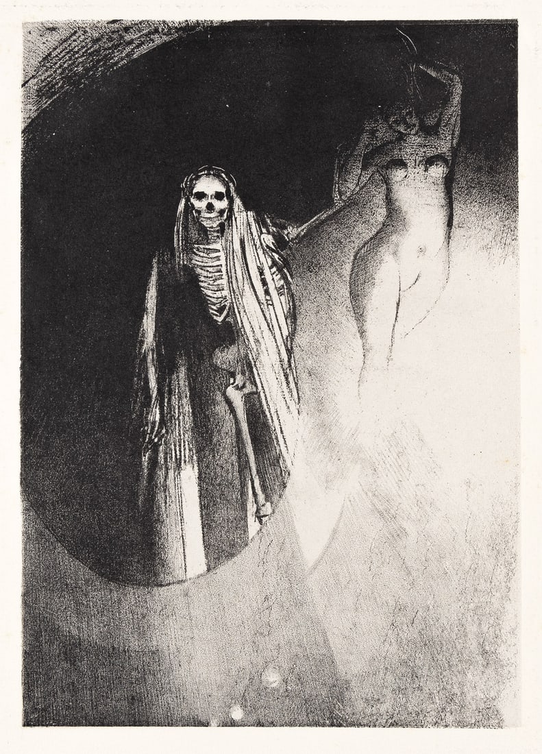ODILON REDON La Mort: C'est moi qui te rends sérieuse; enlaçonsnous.: ODILON REDON La Mort: C'est moi qui te rends sérieuse; enlaçonsnous. Lithograph on Chine appliqué, 1896. 302x211 mm; 11x9 inches, full margins. Edition of 50. Printed by Blanchard, Pari