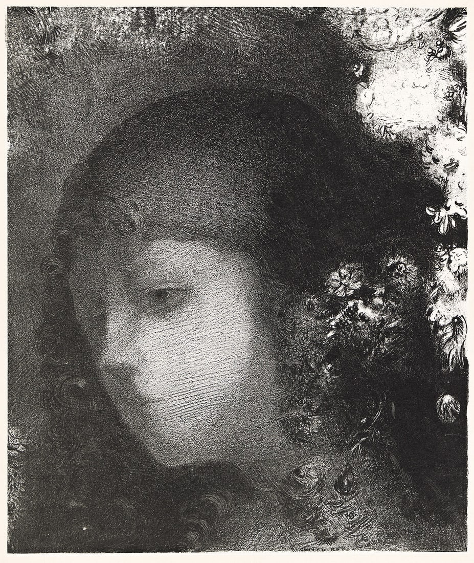 ODILON REDON Tête d'enfant avec fleurs.: ODILON REDON Tête d'enfant avec fleurs. Lithograph on Chine appliqué, 1897. 250x210 mm; 9x7¼ inches, full margins. Edition of 35. Signed in crayon, lower right in the image. Printed by