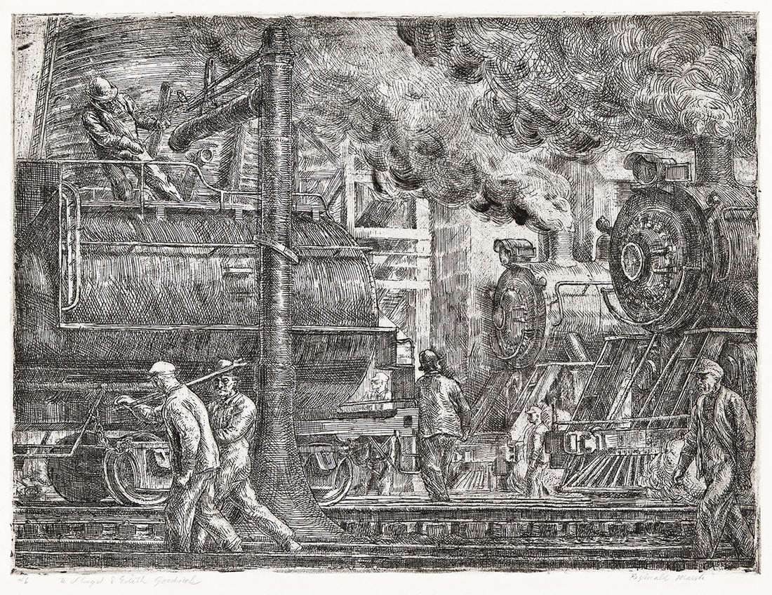 REGINALD MARSH Erie R. R. Locos Watering.: REGINALD MARSH Erie R. R. Locos Watering. Etching, 1934. 229x306 mm; 9x12 inches, wide margins. Eighth state (of 8). Edition of approximately only 18. Signed, dedicated and inscribed "#6" in pencil, l