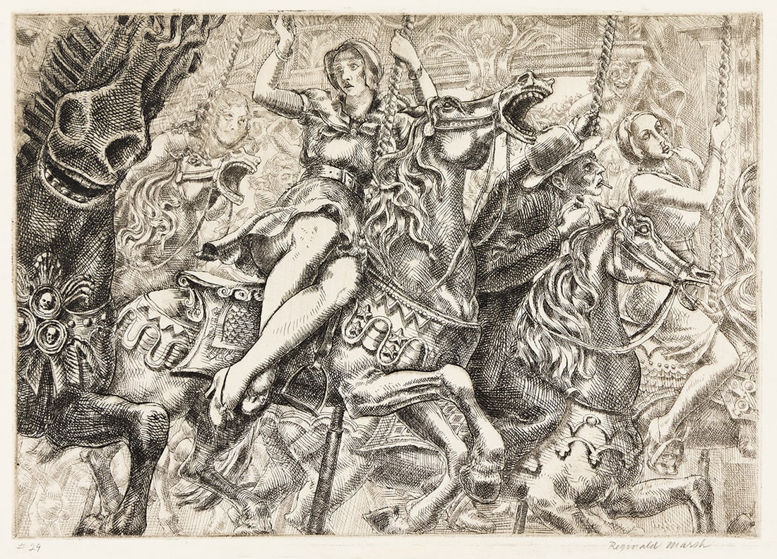 REGINALD MARSH Merry-Go-Round.: REGINALD MARSH Merry-Go-Round. Etching, 1930. 176x250 mm; 7x9¾ inches, wide margins. Sixth state (of 6). Edition of approximately 50. Signed and numbered "#29" in pencil, lower margin. A very goo