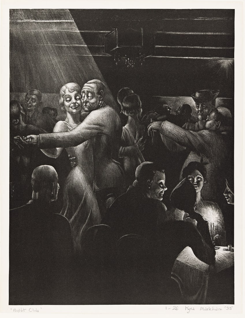 KYRA MARKHAM Night Club.: KYRA MARKHAM Night Club. Lithograph, 1935. 352x267 mm; 13x10½ inches, full margins. Signed, titled, dated and numbered "1-26" in pencil, lower margin. A very good, dark impression with brilliant