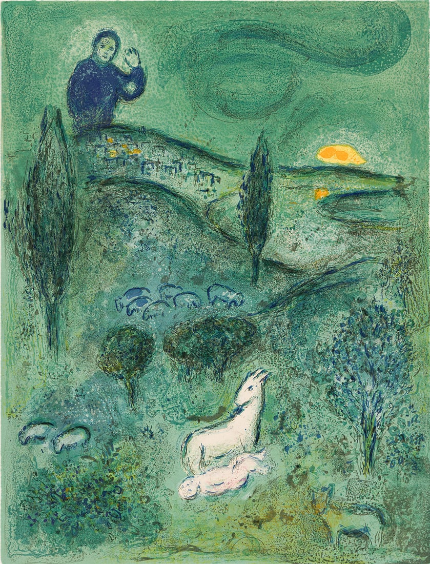 MARC CHAGALL Découverte de Chloé par Daphnis.: MARC CHAGALL Découverte de Chloé par Daphnis. Color lithograph, 1961. 423x323 mm; 16½x12½ inches (sheet), full margins. Edition of 250. Printed by Mourlot, Paris. Published by T