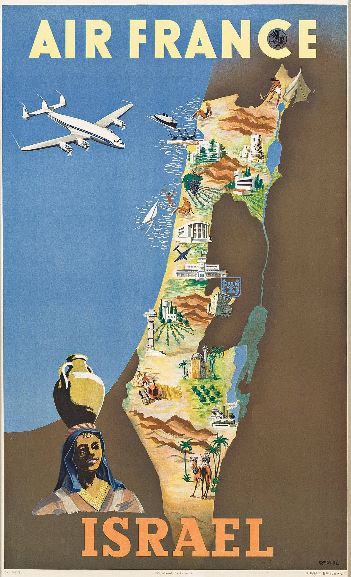 RENLUC (DATES UNKNOWN).  AIR FRANCE / ISRAEL. 1951. 39¼x23¾ inches, 99½x60¼ cm.  (1 of 1)