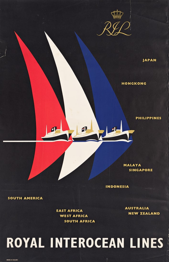 DESIGNER UNKNOWN.  ROYAL INTEROCEAN LINES. Circa 1960s. 38x24¾ inches, 96½x63 cm. (1 of 1)