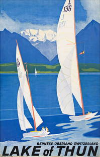 OTTO BAUMBERGER (1889-1961). LAKE OF THUN / BERNESE OBERLAND SWITZERLAND. 1936. 39x25 inches, 99x63: OTTO BAUMBERGER (1889-1961) LAKE OF THUN / BERNESE OBERLAND SWITZERLAND. 1936. 39x25 inches, 99x63½ cm. Fretz, Zurich. Condition B+: margins trimmed off; water staining along bottom edge; slight