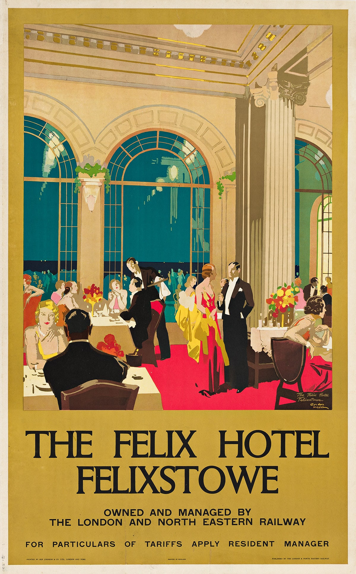 GORDON NICOLL (1888-1959). THE FELIX HOTEL / FELIXSTOWE. Circa 1930. 40¼x25 inches, 102¼x: GORDON NICOLL (1888-1959) THE FELIX HOTEL / FELIXSTOWE. Circa 1930. 40¼x25 inches, 102¼x63¼ cm. Ben Johnson & Co., Ltd., London. Condition B+: replaced losses and restoration in margins