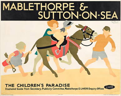 TOM PURVIS (1888-1959). MABLETHORPE & SUTTON - ON - SEA / THE CHILDREN'S PARADISE. Circa 1926. 40&#: TOM PURVIS (1888-1959) MABLETHORPE & SUTTON - ON - SEA / THE CHILDREN'S PARADISE. Circa 1926. 40½x50½ inches, 103x128¼ cm. Dangerfield Printing Co., London. Condition B: partially-recre