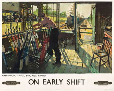 TERENCE CUNEO (1907-1996). ON EARLY SHIFT / BRITISH RAILWAYS. 1948. 39¾x50 inches, 101x127 cm.: TERENCE CUNEO (1907-1996) ON EARLY SHIFT / BRITISH RAILWAYS. 1948. 39¾x50 inches, 101x127 cm. Waterlow and Sons, Ltd., London. Condition B / B-: extensive replaced losses, overpainting and repair