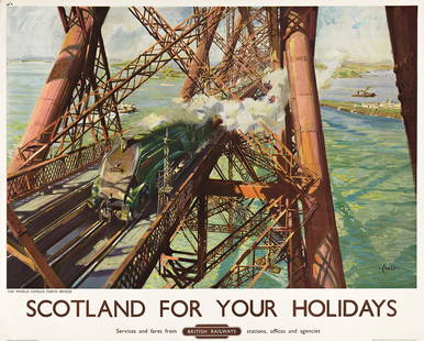 TERENCE CUNEO (1907-1996).  SCOTLAND FOR YOUR HOLIDAYS / BRITISH RAILWAYS. 1952. 40x50 inches, 101&#: TERENCE CUNEO (1907-1996) SCOTLAND FOR YOUR HOLIDAYS / BRITISH RAILWAYS. 1952. 40x50 inches, 101&#189;x127 cm. Waterlow, London. Condition A- / B+: minor repaired tears at edges; minor creases and abr