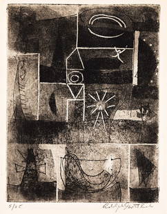 ADOLPH GOTTLIEB Voyage.: ADOLPH GOTTLIEBVoyage.Etching and aquatint on cream laid paper, circa 1946. 227x175 mm; 8x6 inches. Edition of 20 (likely from an intended edition of 25). Signed and numbered 5/25 in pencil, lower