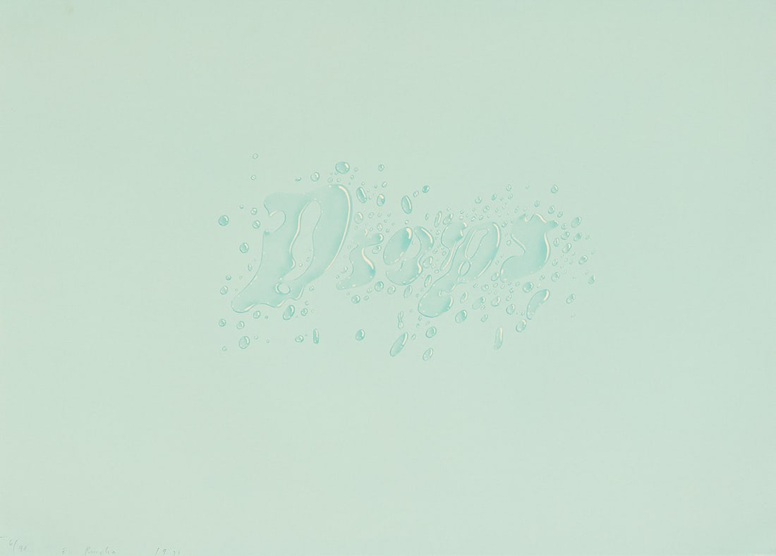 ED RUSCHA Drops.: ED RUSCHA Drops. Color lithograph on Arches, 1971. 508x711 mm; 20x28 inches (sheet), full margins. Signed, dated and numbered 9/90 in pencil, lower left. Printed and published by Cirrus Editions, Los