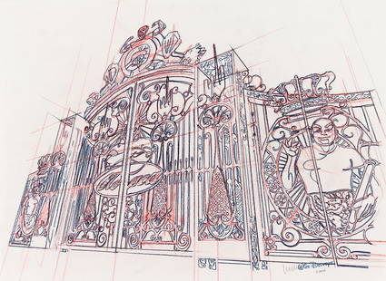 WIM DELVOYE Untitled (Preparatory Drawing for Cloaca Gate).: WIM DELVOYE Untitled (Preparatory Drawing for Cloaca Gate). Color pencils on cream wove paper, 2006. 450x618 mm; 17¾x24 inches. Signed and dated in pencil and with the artist's blue ink stamp, lo