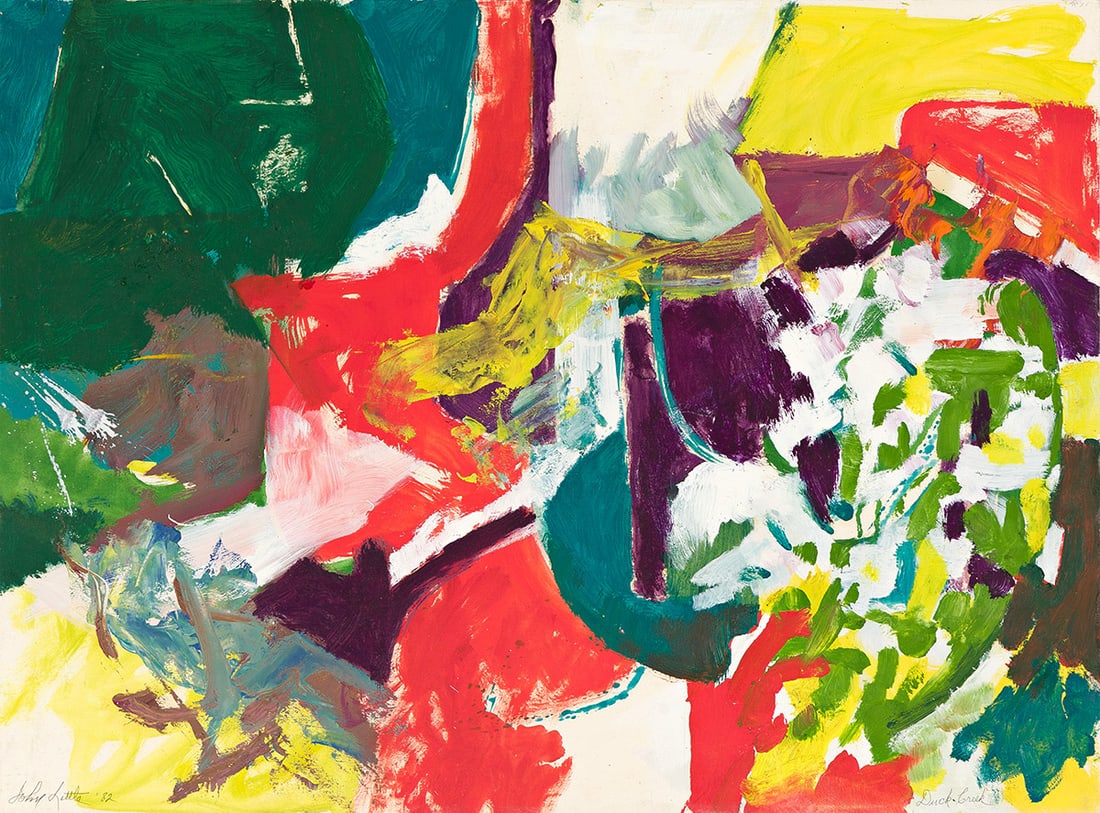 JOHN LITTLE (1907 - 1984, AMERICAN) Duck Creek.: JOHN LITTLE (1907 - 1984, AMERICAN) Duck Creek. Oil on paper laid to canvas, 1982. Signed, John Littled, and dated, 82, lower left. Inscribed as titled, lower right. Signed, John Little, dated, 1982,