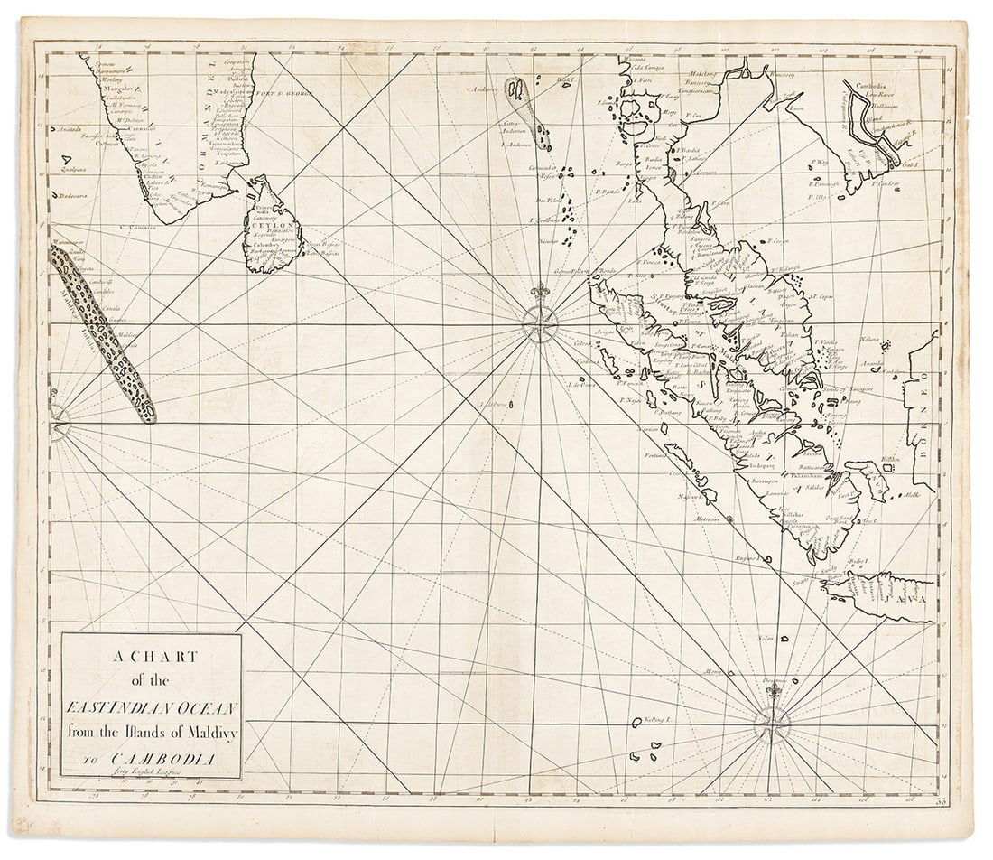 (EAST INDIAN OCEAN.) Edmund Halley; John Senex; and Nathaniel Cutler. A Chart of the East Indian: (EAST INDIAN OCEAN.) Edmund Halley; John Senex; and Nathaniel Cutler. A Chart of the East Indian Ocean from the Islands of Maldivy to Cambodia. Double-page engraved chart of southern India, Sri Lanka,