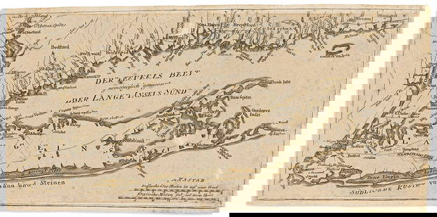 (LONG ISLAND.) Johann Carl Muller. Der Teufels Belt Gemeiniglich Genannt der Lange Insels Sund.: (LONG ISLAND.) Johann Carl Muller. Der Teufels Belt Gemeiniglich Genannt der Lange Insels Sund. Engraved map of Long Island, New York City, and parts of the Hudson River and Connecticut coast. 8½