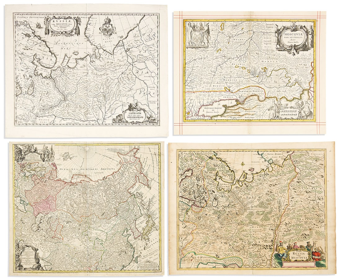 (RUSSIA.) Group of 13 seventeenth-to-nineteenth-century engraved maps of the region.: (RUSSIA.) Group of 13 seventeenth-to-nineteenth-century engraved maps of the region. Vp, vd - Charles Price; and George Willdey. A Correct Map of Moscovy. Large double-page engraved map of European Ru