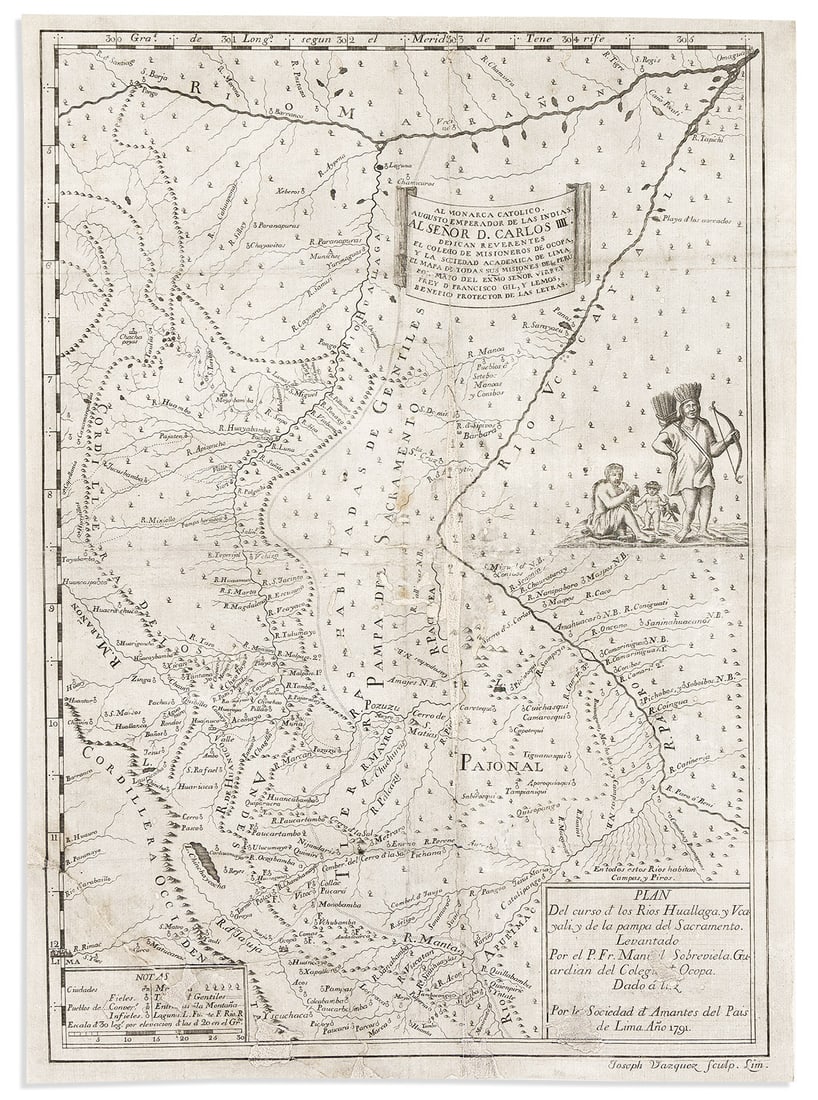 (SOUTH AMERICA.) Joseph Vasquez; and Manuel Sobreviela. Plan Del Curso de los Rios Huallaga y: (SOUTH AMERICA.) Joseph Vasquez; and Manuel Sobreviela. Plan Del Curso de los Rios Huallaga y Ucayali, y de la Pampa del Sacramento. Engraved map of north central Peru with figural ornamentation, a de