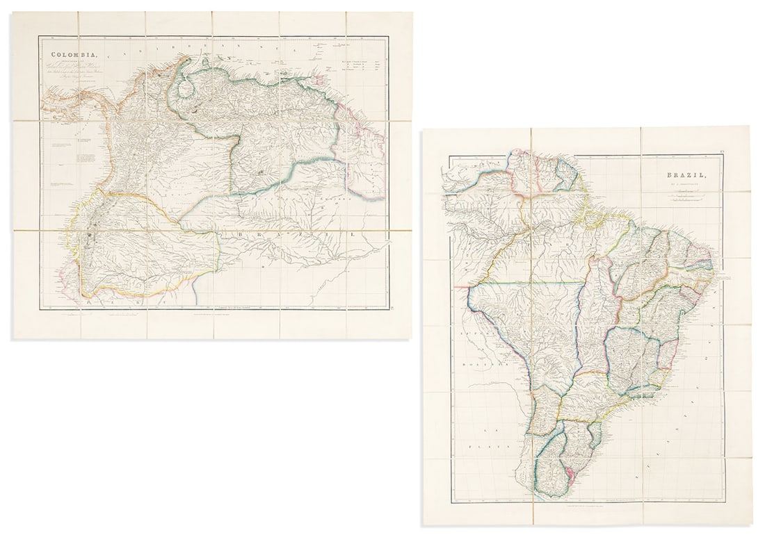 (SOUTH AMERICA.) John Arrowsmith. Set of 4 hand-colored engraved case maps.: (SOUTH AMERICA.) John Arrowsmith. Set of 4 hand-colored engraved case maps. 27¼x22½ inches each sheet size, segmented, mounted to original linen backing with printed vellum tabs, and folding
